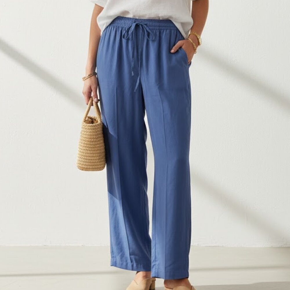 Maggy London 100% Silk Pants Blue Drawstring Straight Leg Relaxed Fit Trousers - Picture 1 of 6